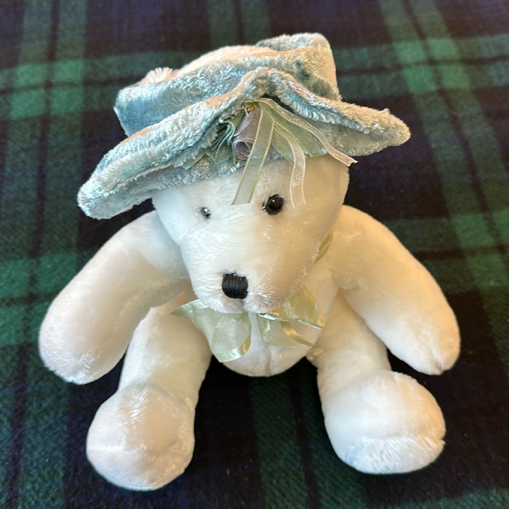 Vintage Dan Dee Rare Victorian‎ White Teddy Bear with Light Blue Velvet Hat 13"